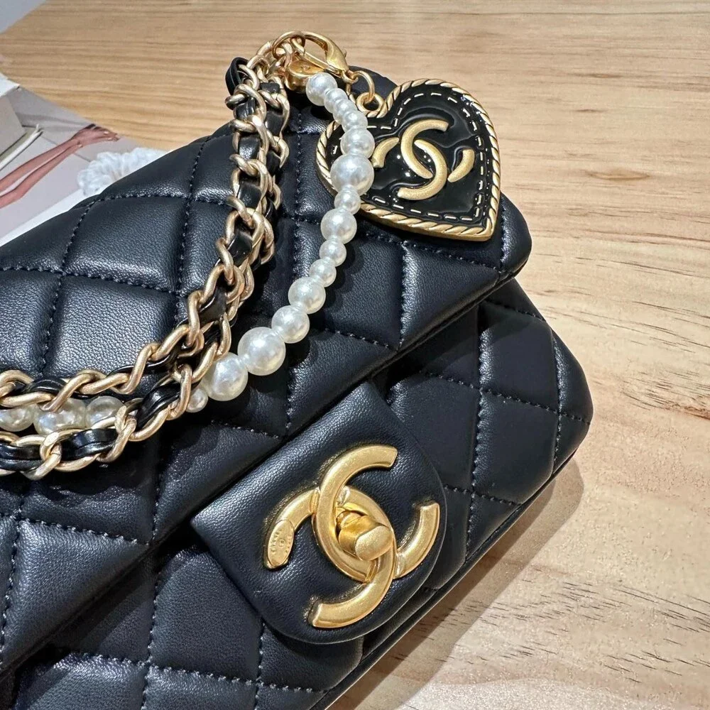 CHANEL MINI SQUARE FLAP BAG WITH PEARL CHAIN